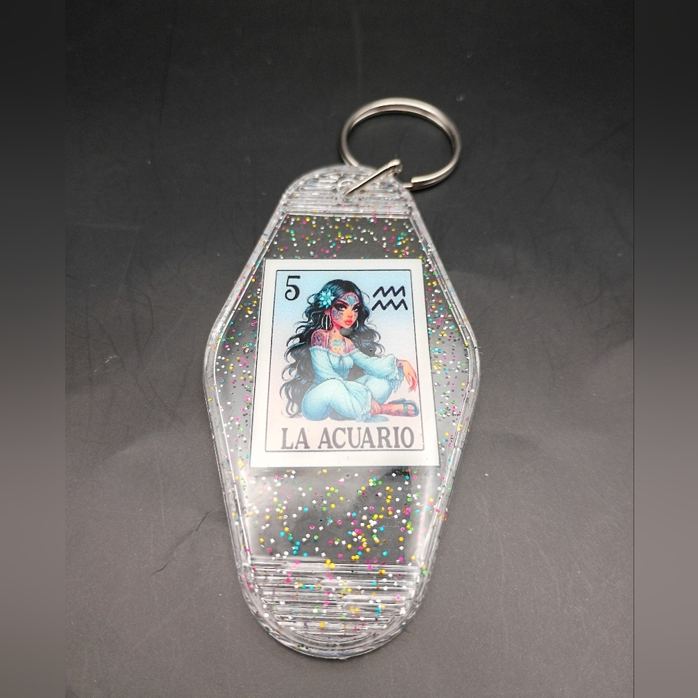 Aquarius Zodiac Motel Keychain Retro Clear Glitter La Acuario Loteria Key Ring